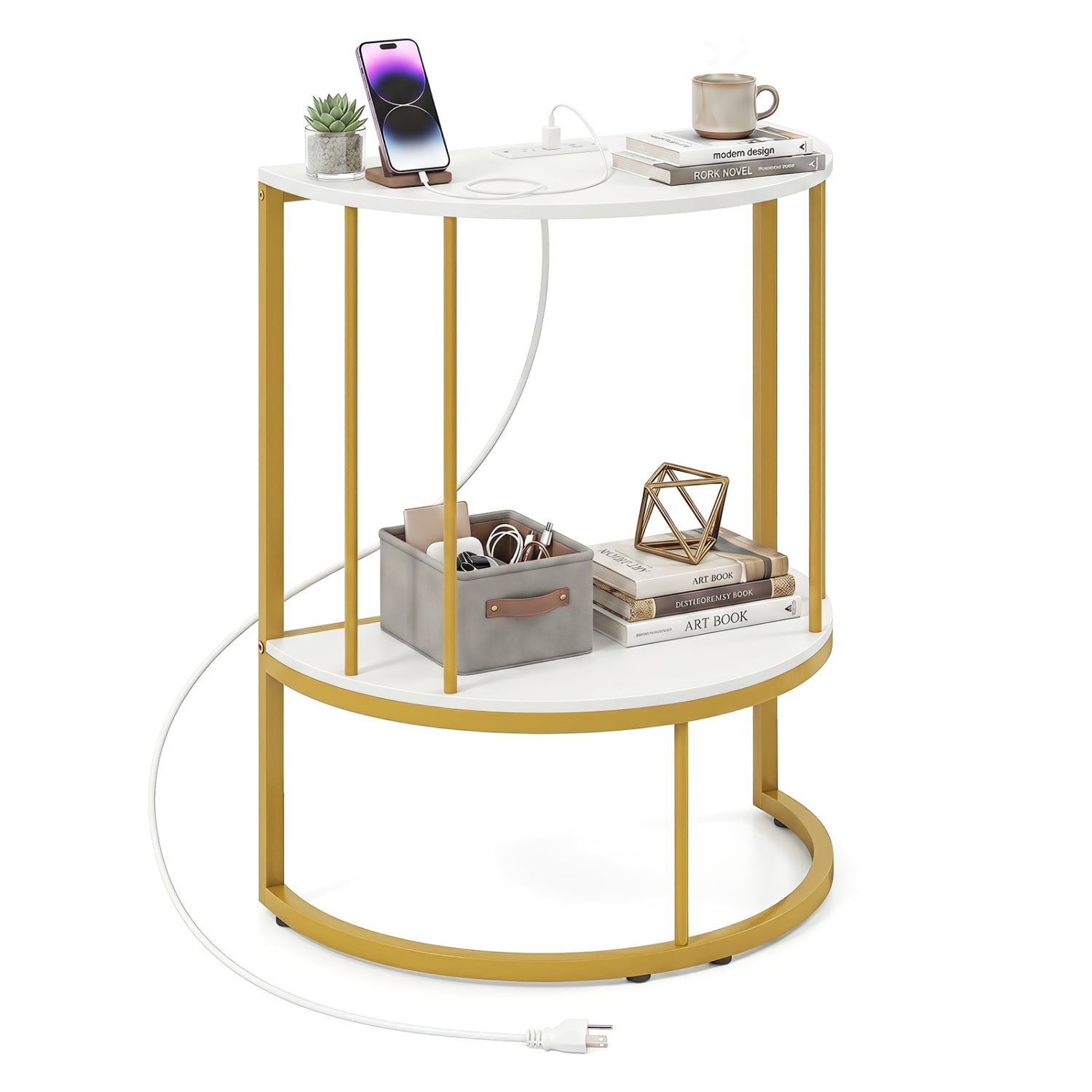 2-Tier Half Moon Console Table with Power Outlets, White Console Tables White at Gallery Canada