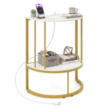 2-Tier Half Moon Console Table with Power Outlets, White Console Tables White at Gallery Canada