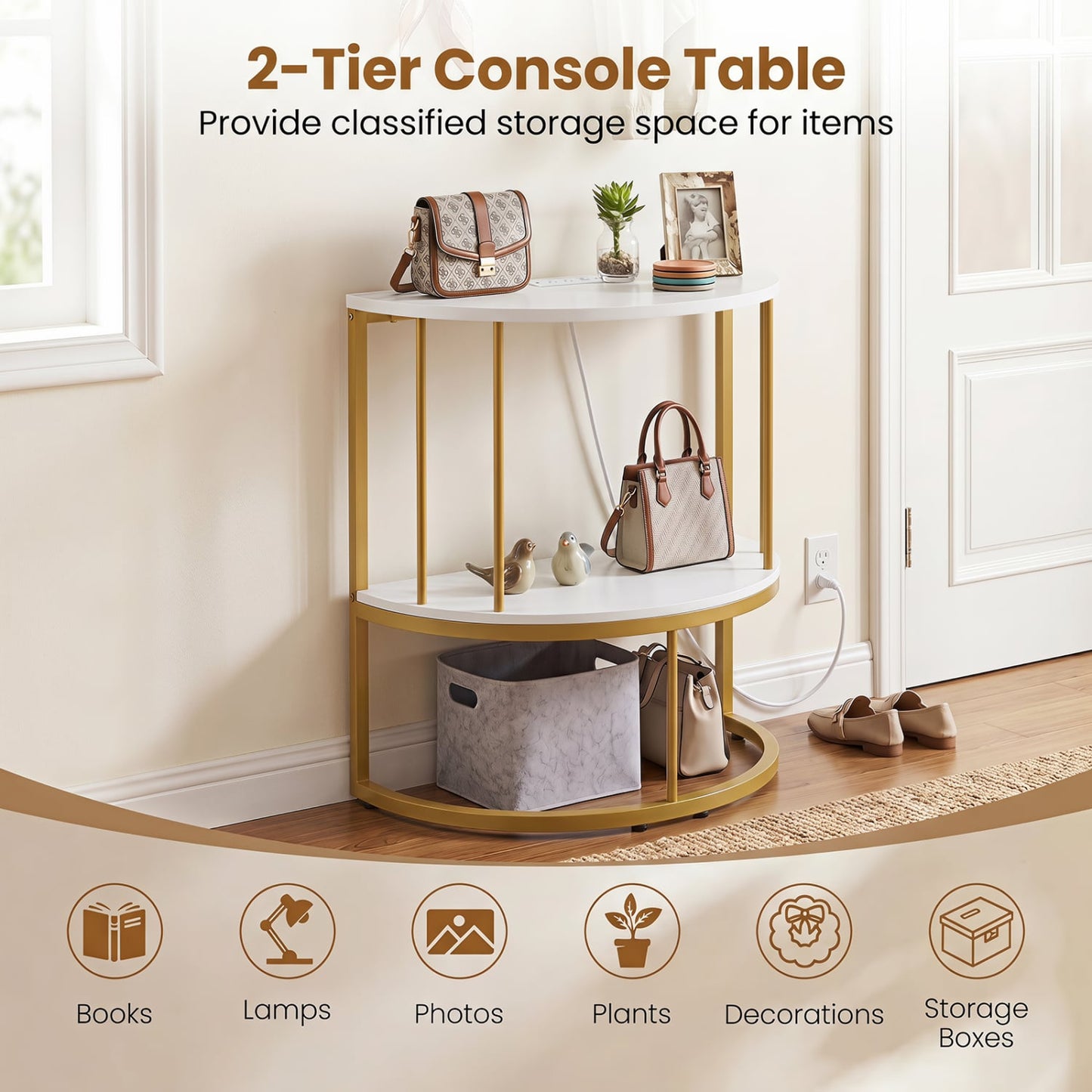 2-Tier Half Moon Console Table with Power Outlets, White Console Tables at Gallery Canada
