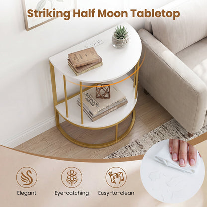 2-Tier Half Moon Console Table with Power Outlets, White Console Tables at Gallery Canada