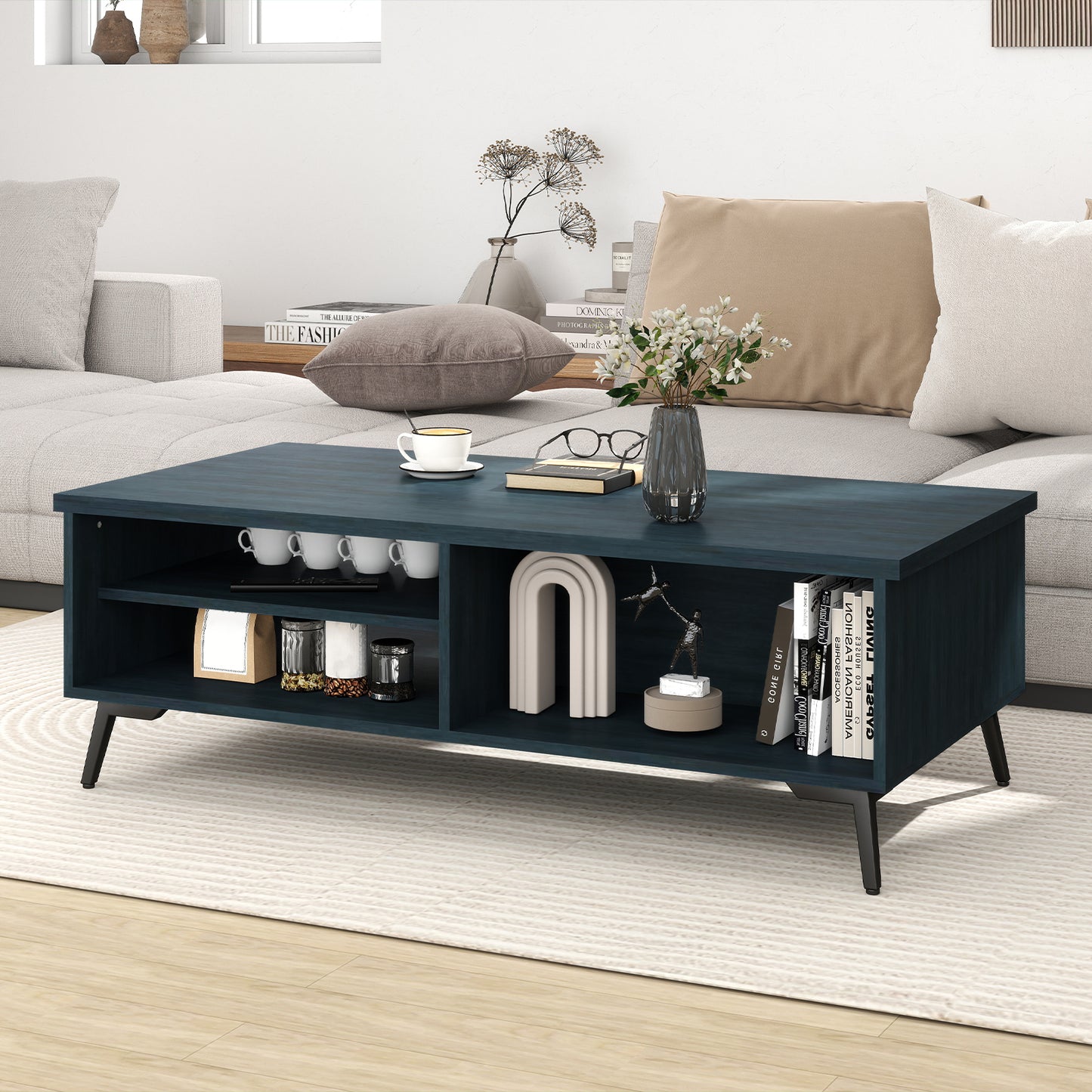 Mid Century Modern Coffee Table, 2-Tier Storage Shelves, Blue Coffee Tables at Gallery Canada