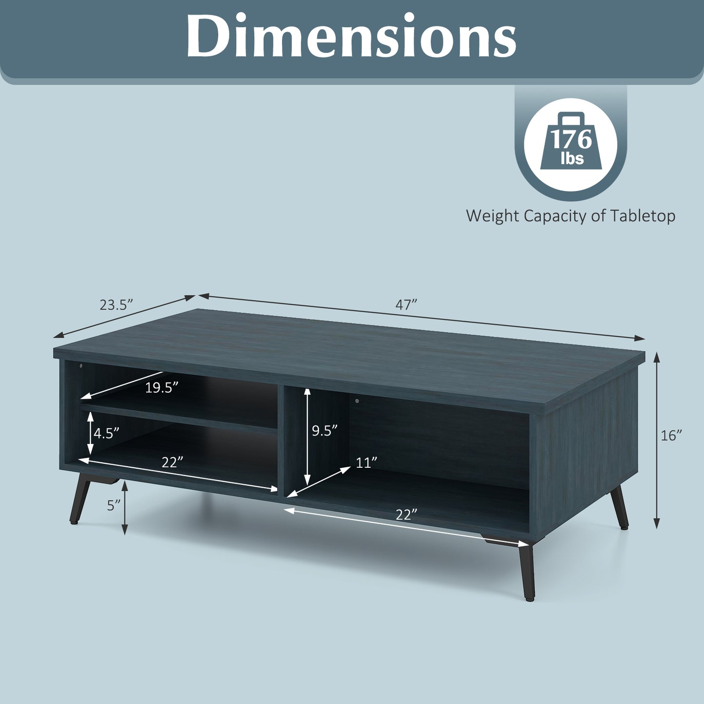 Mid Century Modern Coffee Table, 2-Tier Storage Shelves, Blue Coffee Tables at Gallery Canada