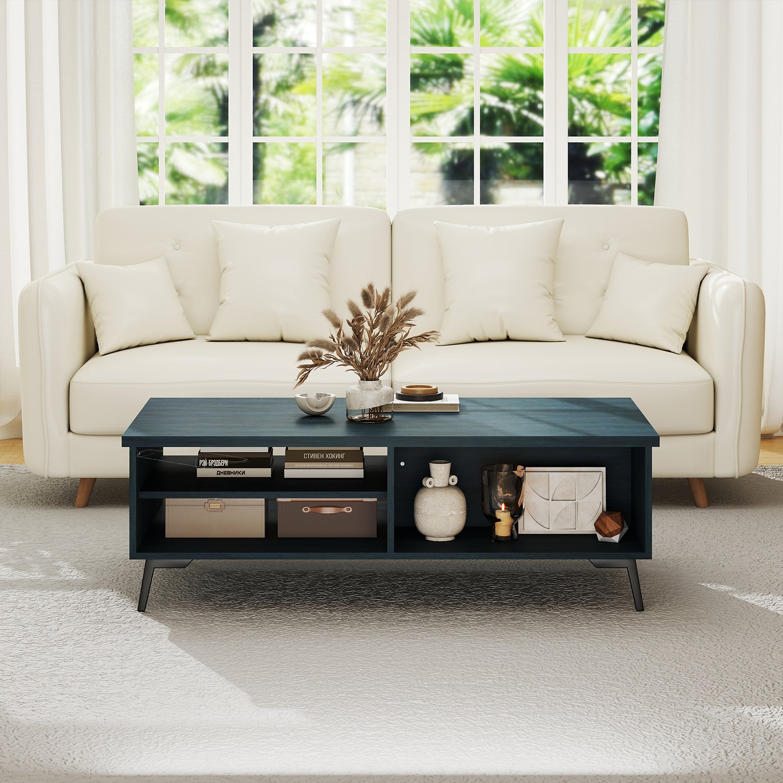 Mid Century Modern Coffee Table, 2-Tier Storage Shelves, Blue Coffee Tables at Gallery Canada