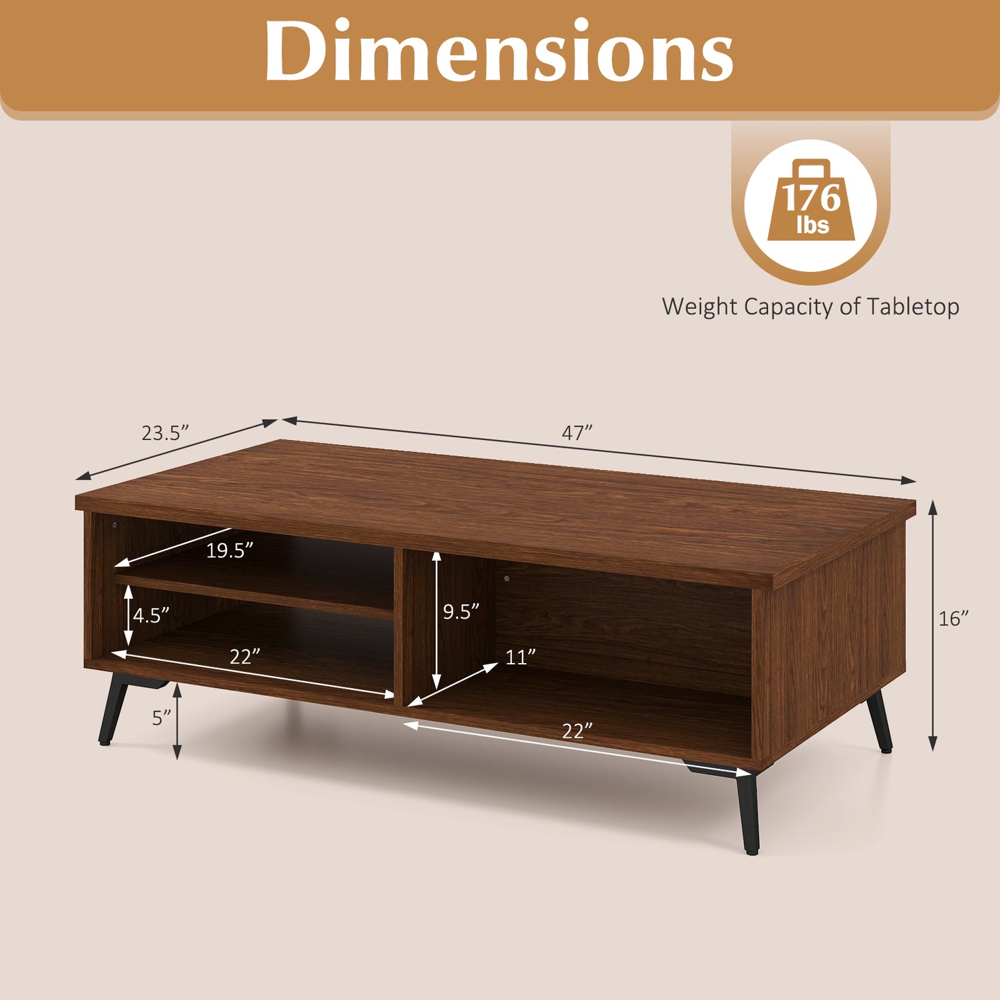 2-Tier Mid Century Modern Coffee Table, Walnut, Storage Shelves Coffee Tables at Gallery Canada