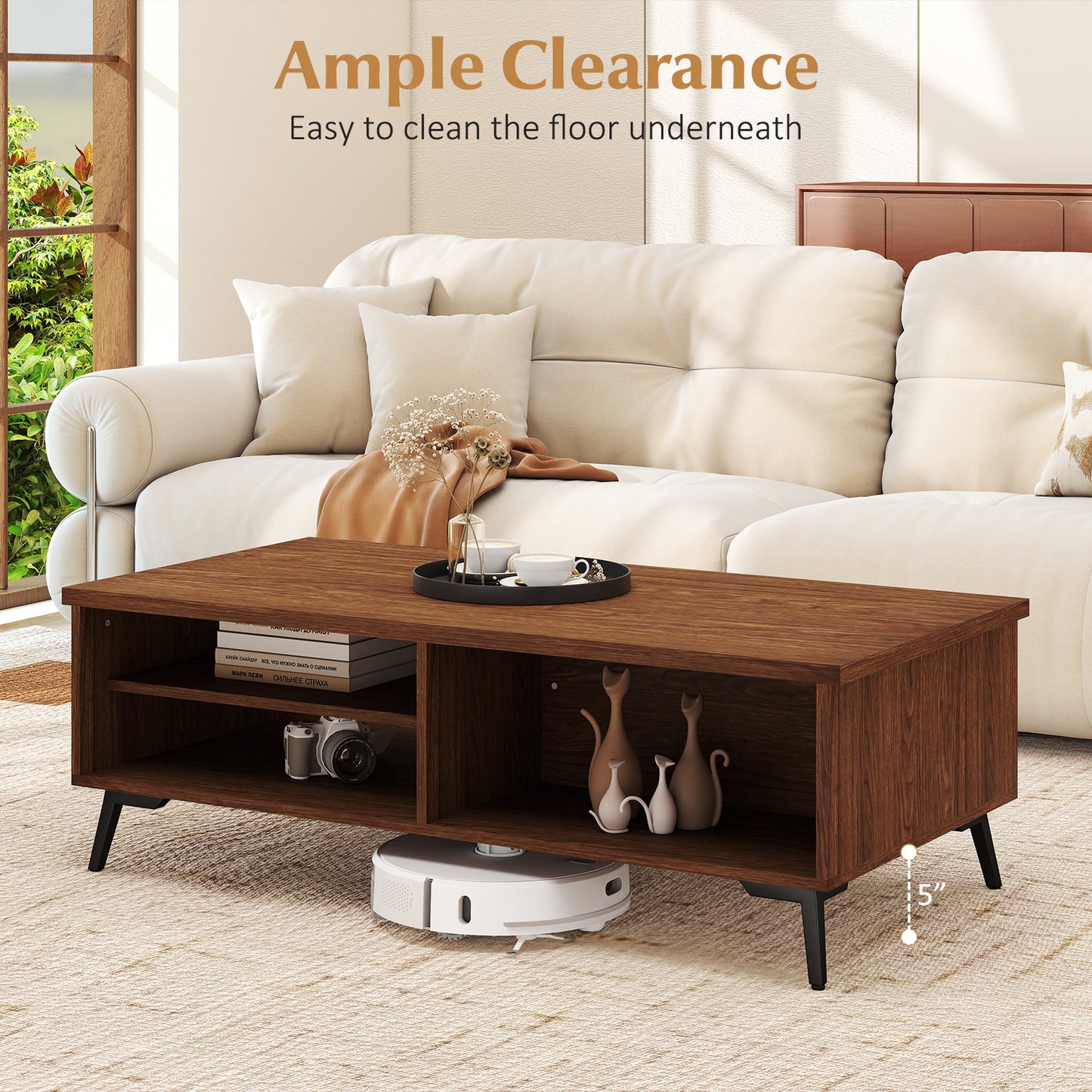 2-Tier Mid Century Modern Coffee Table, Walnut, Storage Shelves Coffee Tables at Gallery Canada