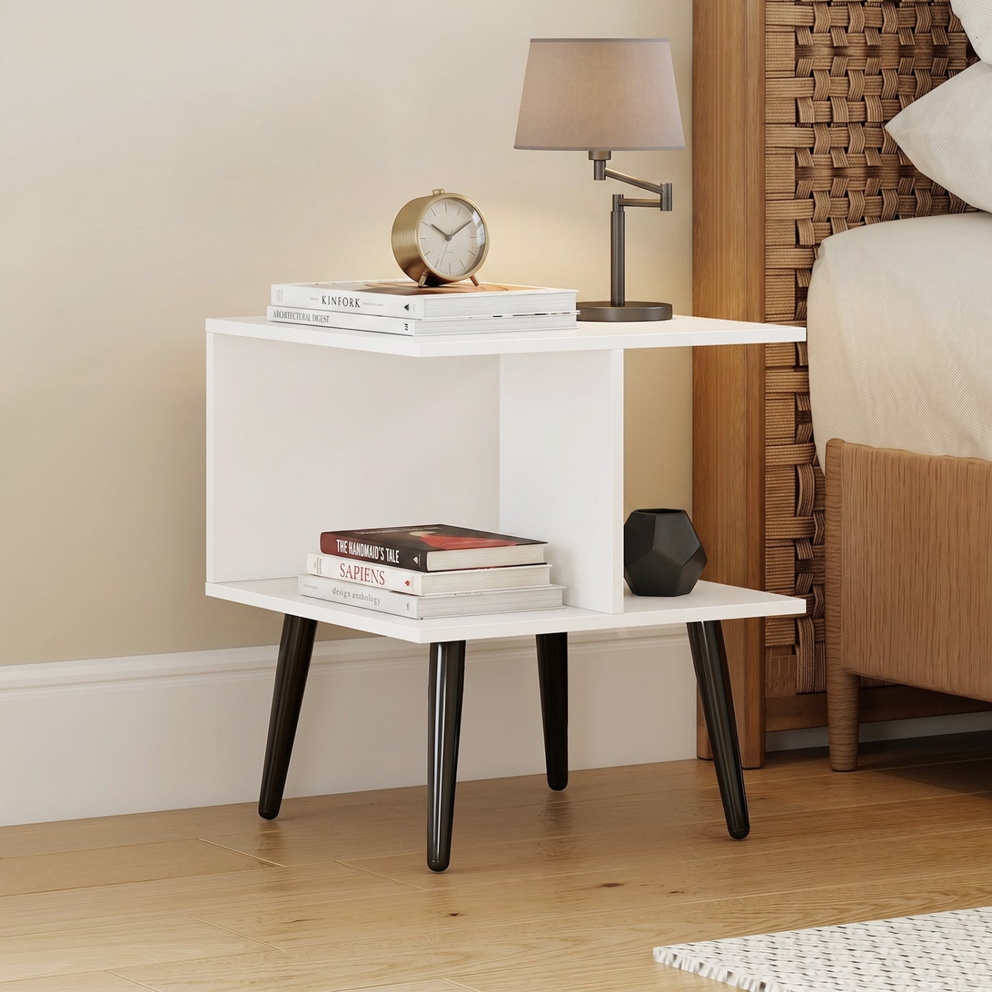 2-Tier Mid Century End Table, Metal Legs, White End & Side Tables at Gallery Canada
