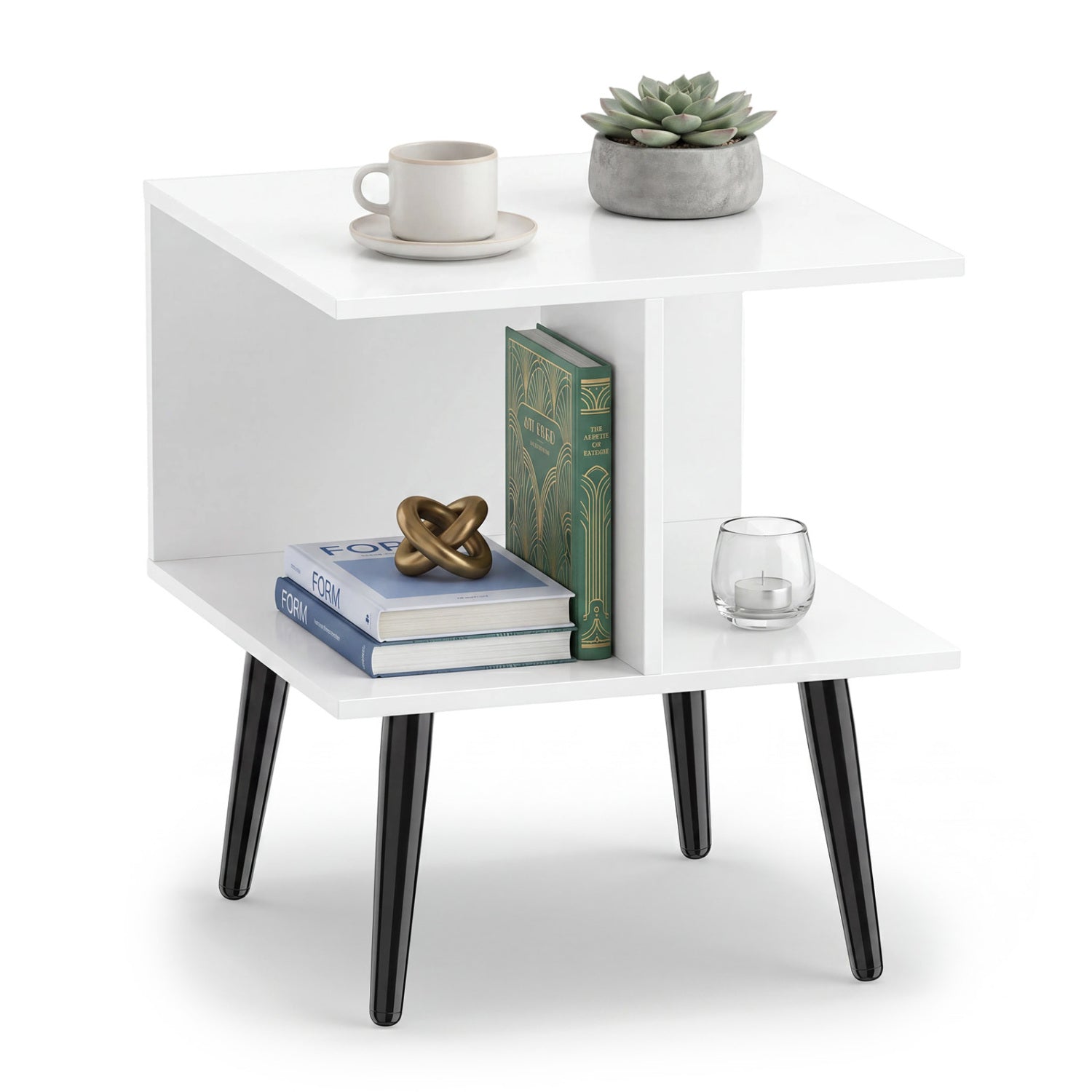 2-Tier Mid Century End Table, Metal Legs, White End & Side Tables at Gallery Canada