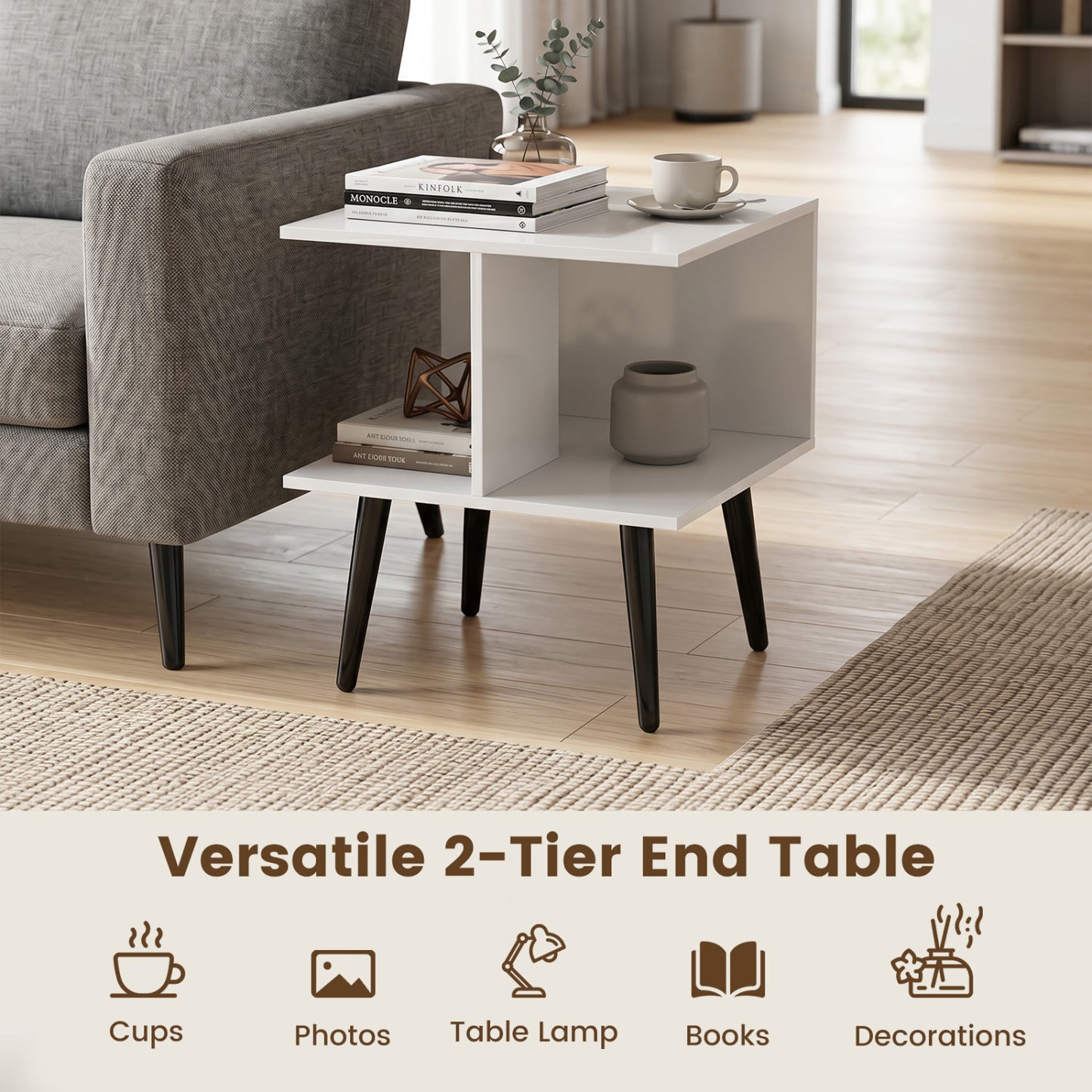 2-Tier Mid Century End Table, Metal Legs, White End & Side Tables at Gallery Canada
