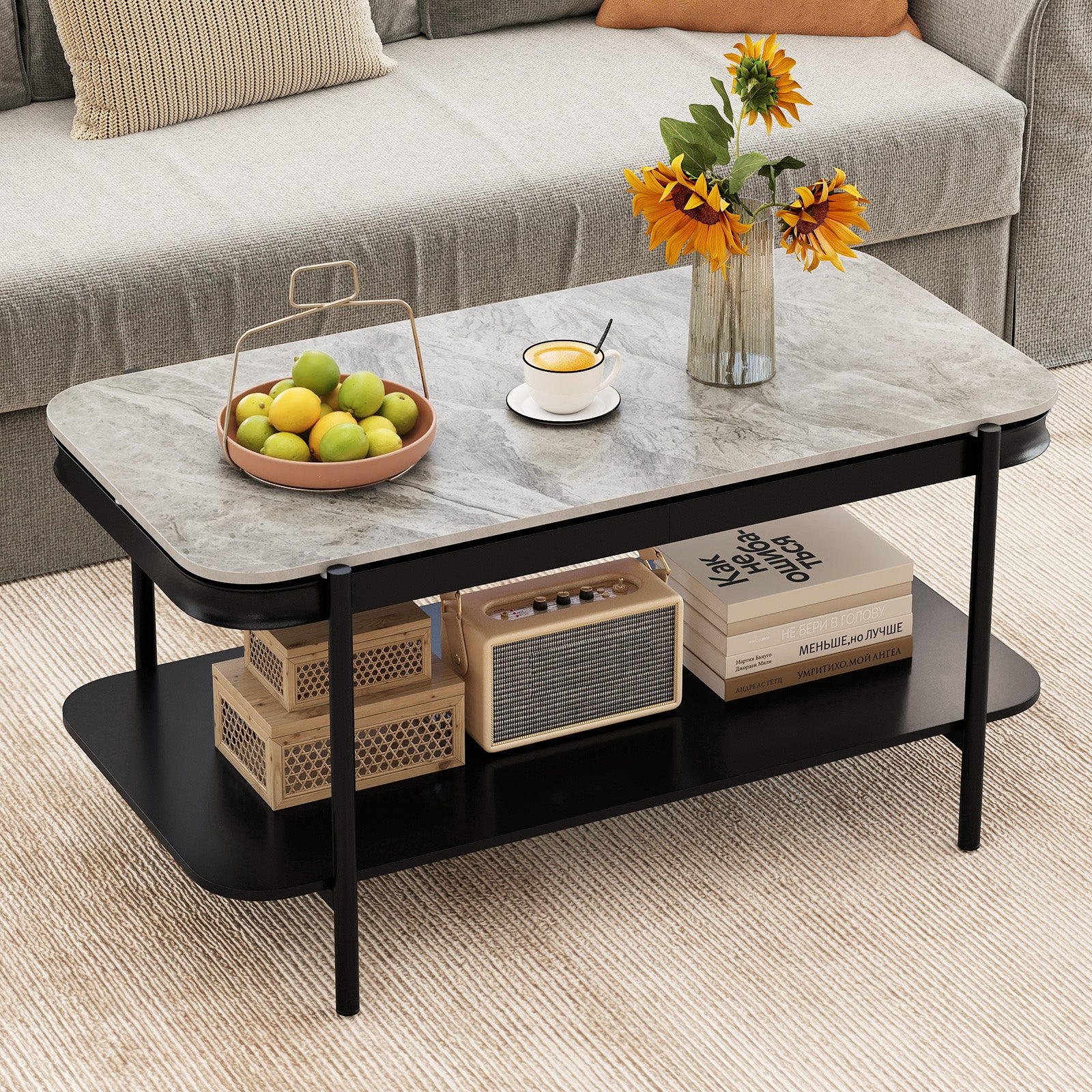 2-Tier Modern Rectangular Coffee Table with Sintered Stone Top, Gray Coffee Tables at Gallery Canada
