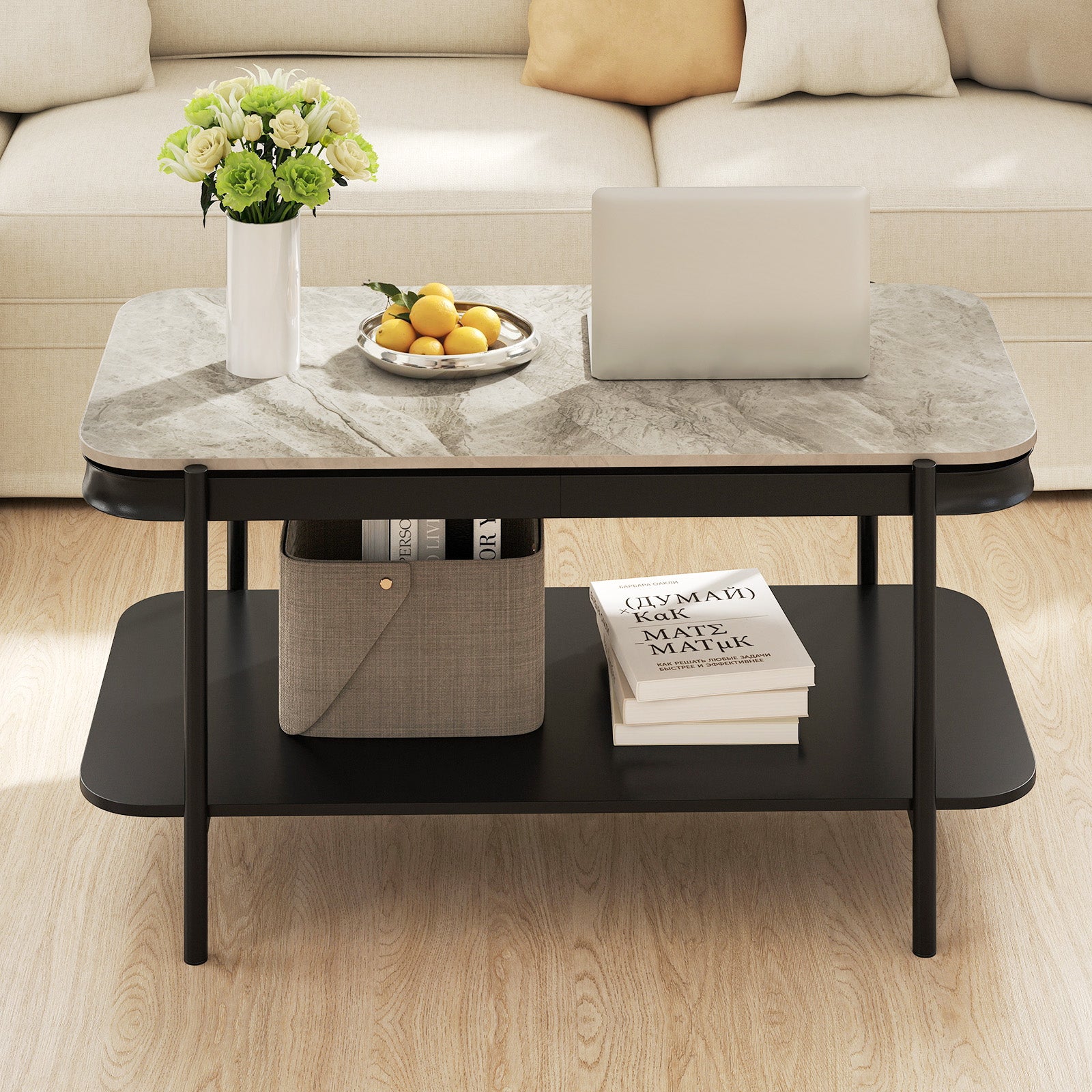 2-Tier Modern Rectangular Coffee Table with Sintered Stone Top, Gray Coffee Tables at Gallery Canada