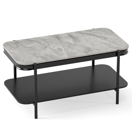 2-Tier Modern Rectangular Coffee Table with Sintered Stone Top, Gray Coffee Tables Gray at Gallery Canada