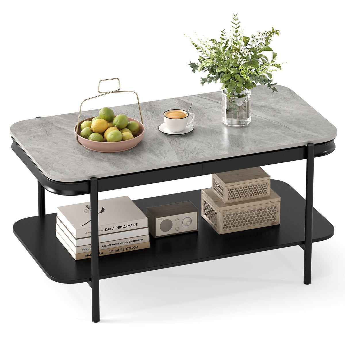 2-Tier Modern Rectangular Coffee Table with Sintered Stone Top, Gray Coffee Tables at Gallery Canada