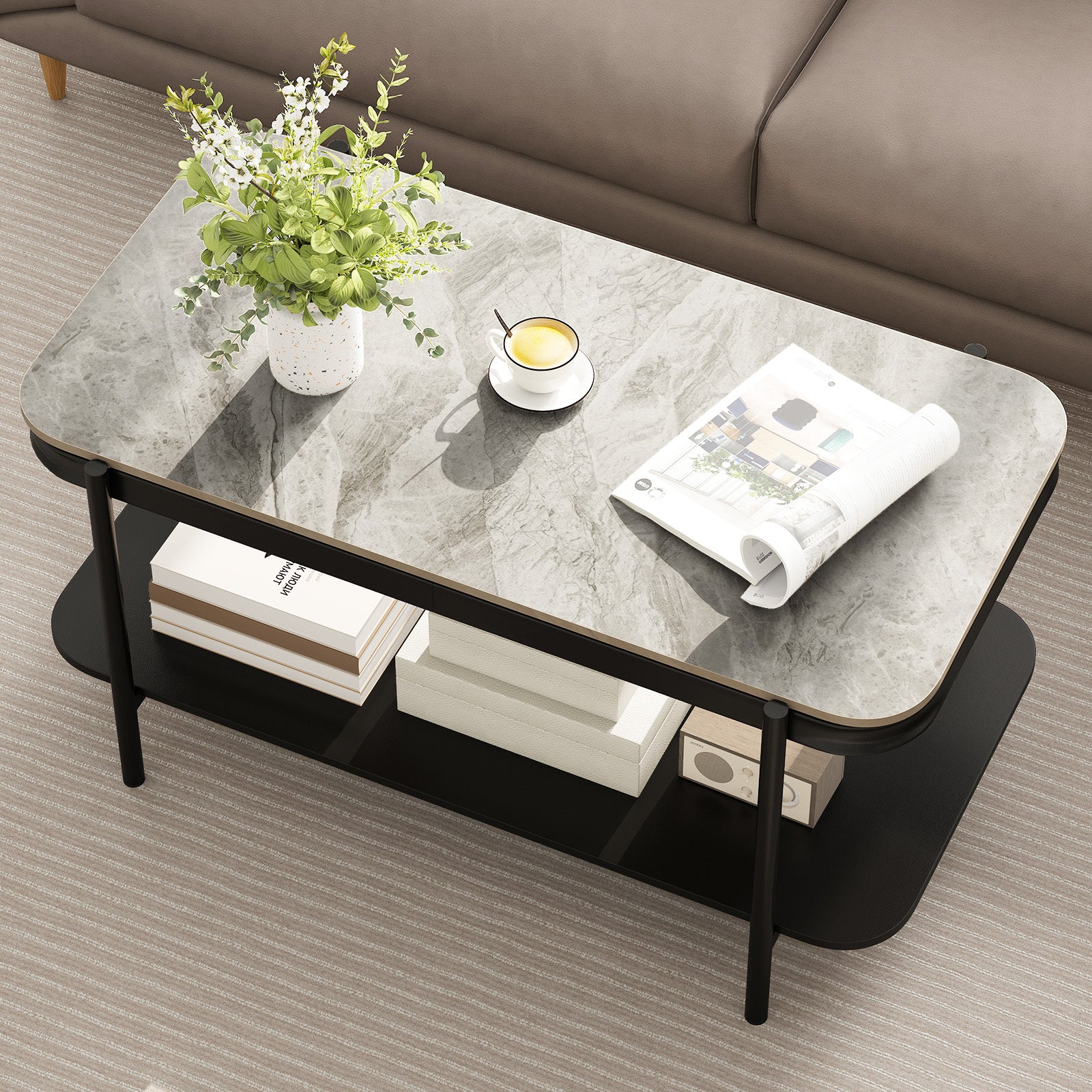 2-Tier Modern Rectangular Coffee Table with Sintered Stone Top, Gray Coffee Tables at Gallery Canada