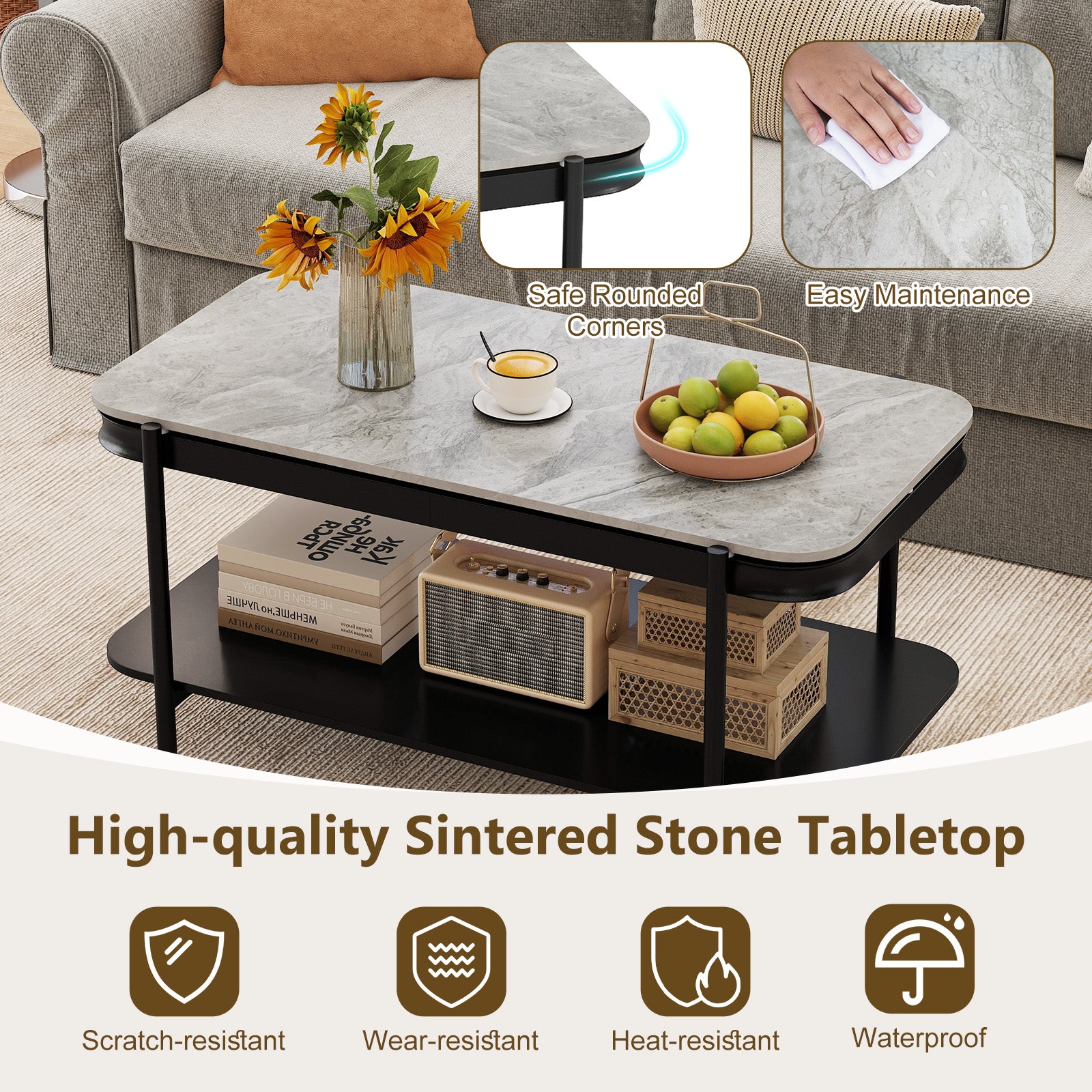 2-Tier Modern Rectangular Coffee Table with Sintered Stone Top, Gray Coffee Tables at Gallery Canada