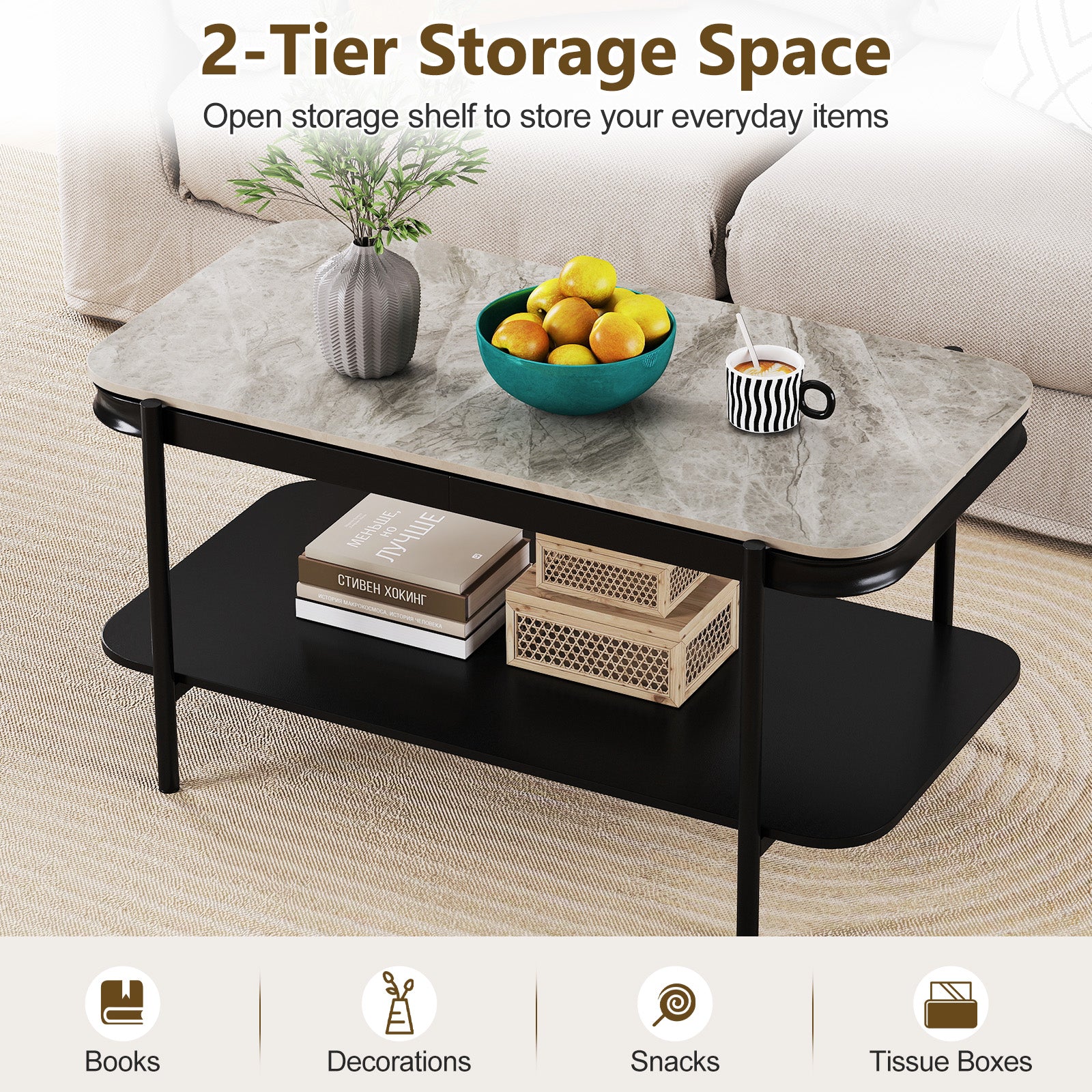 2-Tier Modern Rectangular Coffee Table with Sintered Stone Top, Gray Coffee Tables at Gallery Canada