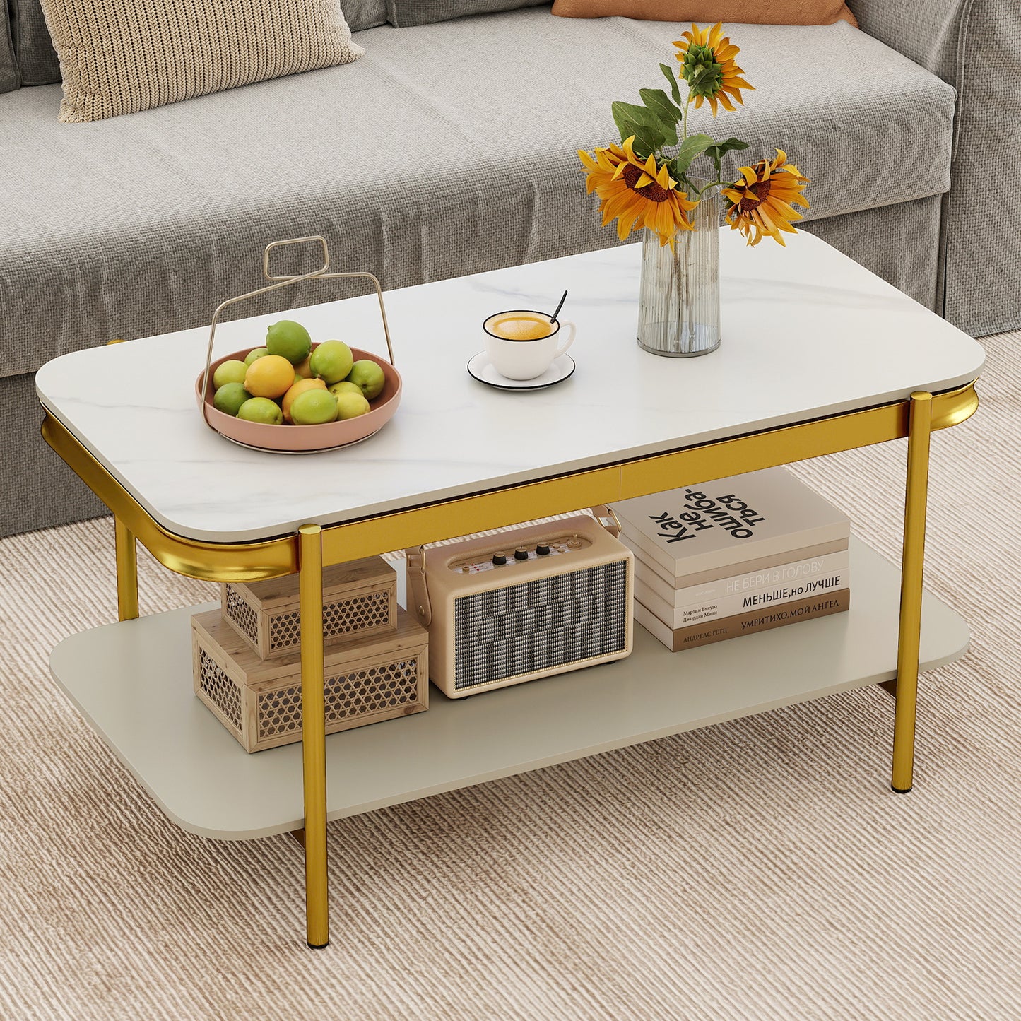 2-Tier Modern Rectangular Coffee Table with Sintered Stone Top, White Coffee Tables at Gallery Canada