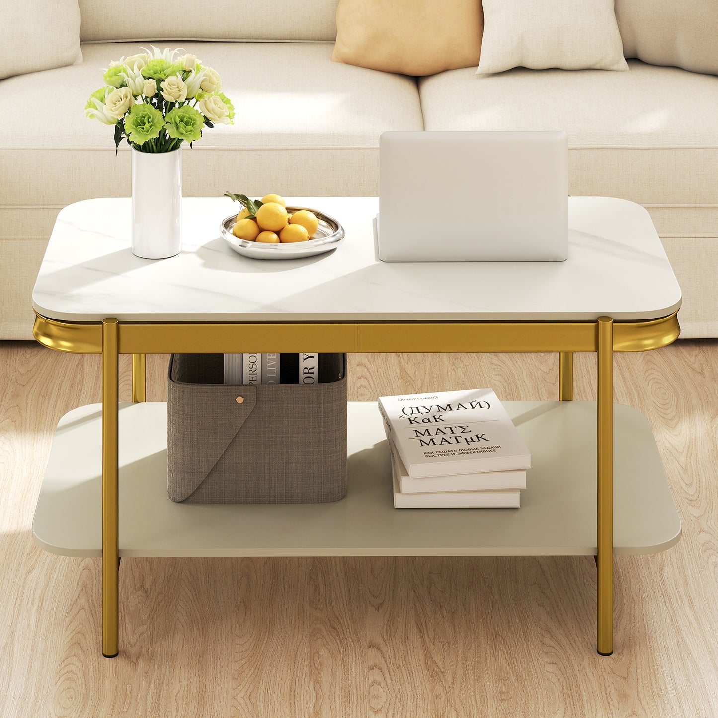 2-Tier Modern Rectangular Coffee Table with Sintered Stone Top, White Coffee Tables at Gallery Canada