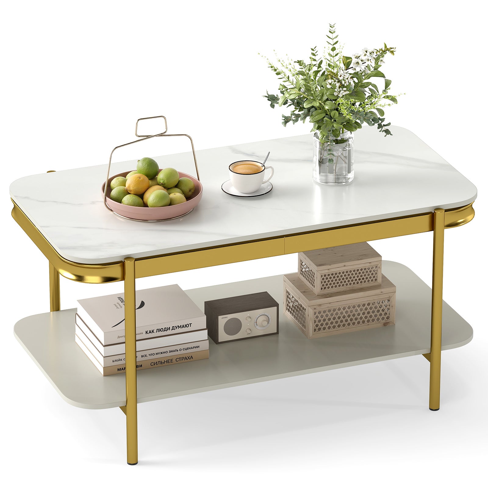 2-Tier Modern Rectangular Coffee Table with Sintered Stone Top, White Coffee Tables at Gallery Canada