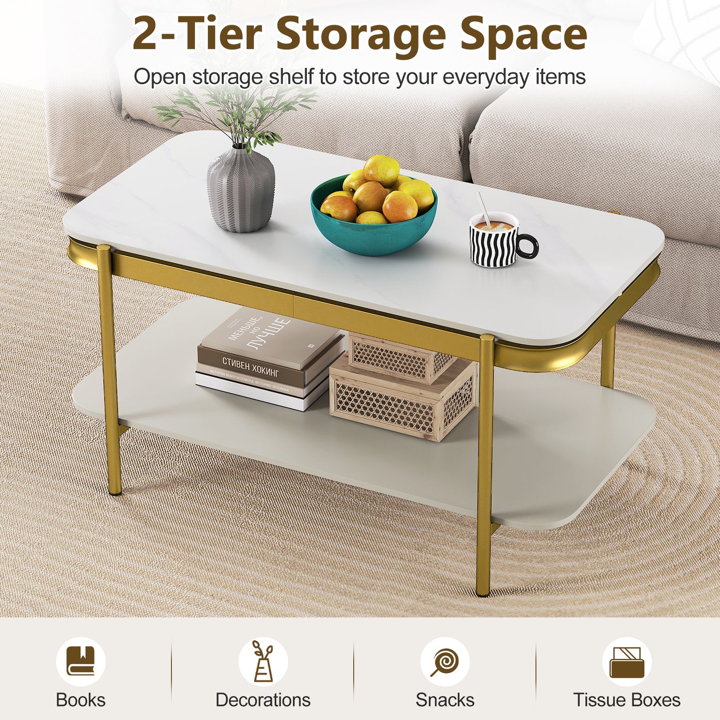 2-Tier Modern Rectangular Coffee Table with Sintered Stone Top, White Coffee Tables at Gallery Canada