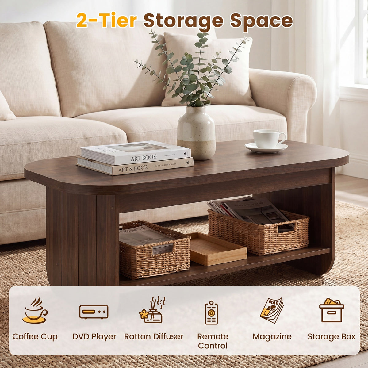 2-Tier Oval Coffee Table, Mid Century, Walnut Coffee Tables at Gallery Canada
