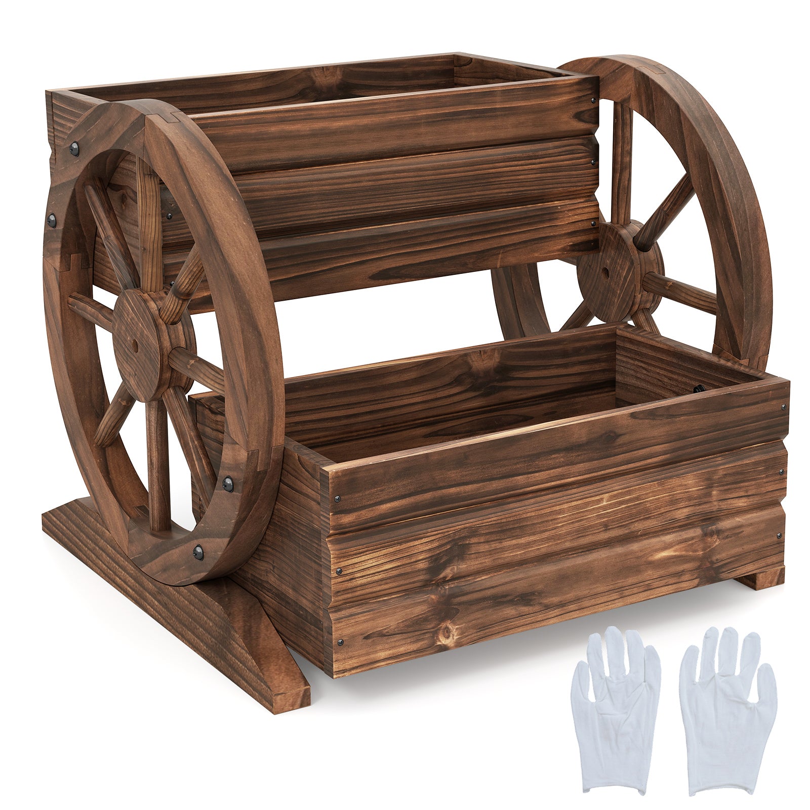 2-Tier Raised Garden Bed Rustic Wood Wagon Shape with Drainage Holes and Wheels, Coffee Raised Garden Beds at Gallery Canada
