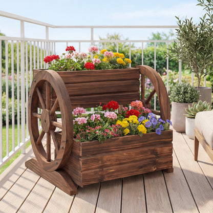 2-Tier Raised Garden Bed Rustic Wood Wagon Shape with Drainage Holes and Wheels, Coffee Raised Garden Beds at Gallery Canada