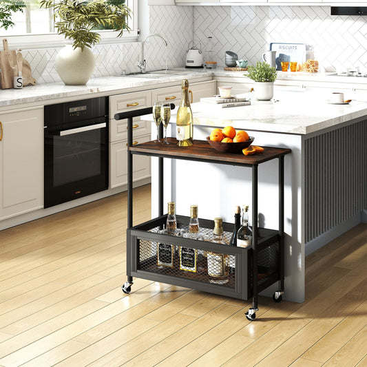 2-Tier Rolling End Table with Handle and Mesh Basket, Rustic Brown End & Side Tables Rustic Brown at Gallery Canada