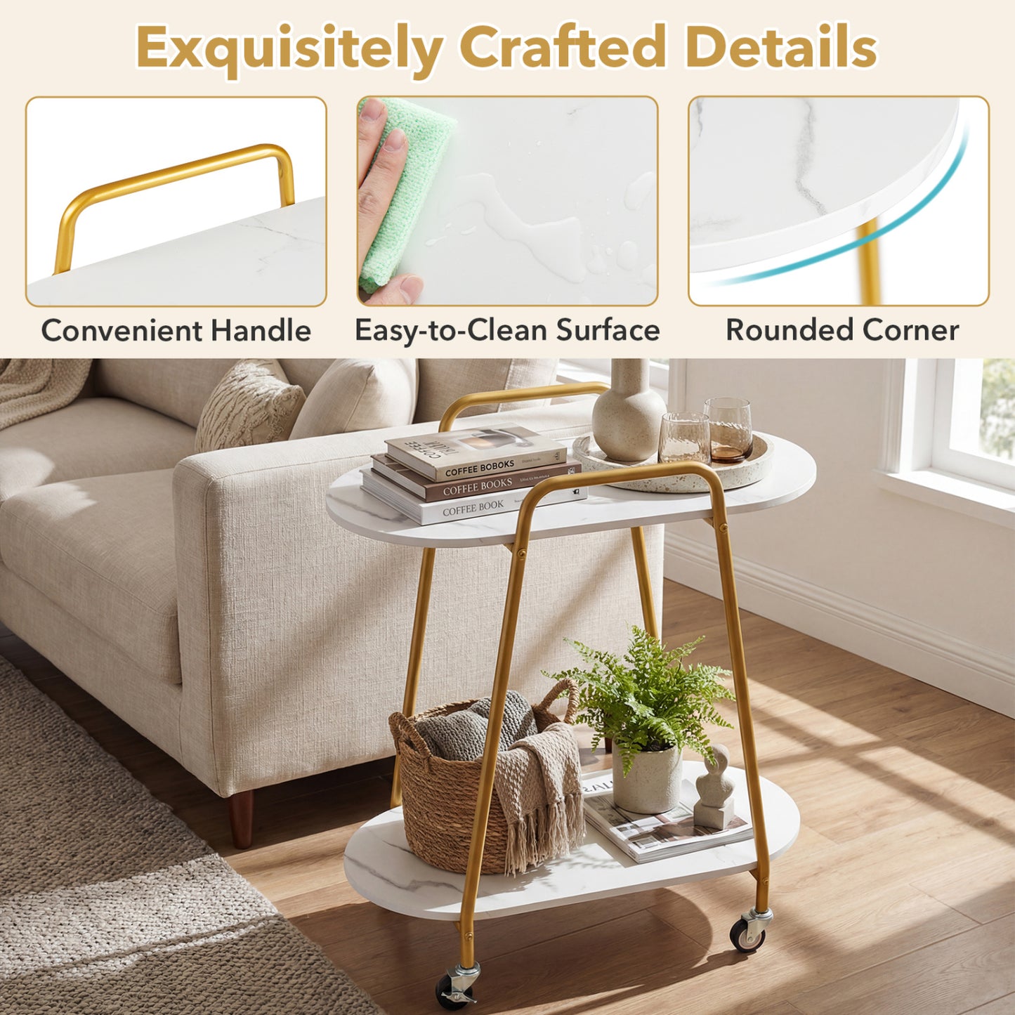 2-Tier Rolling End Table, Faux Marble, White End & Side Tables at Gallery Canada