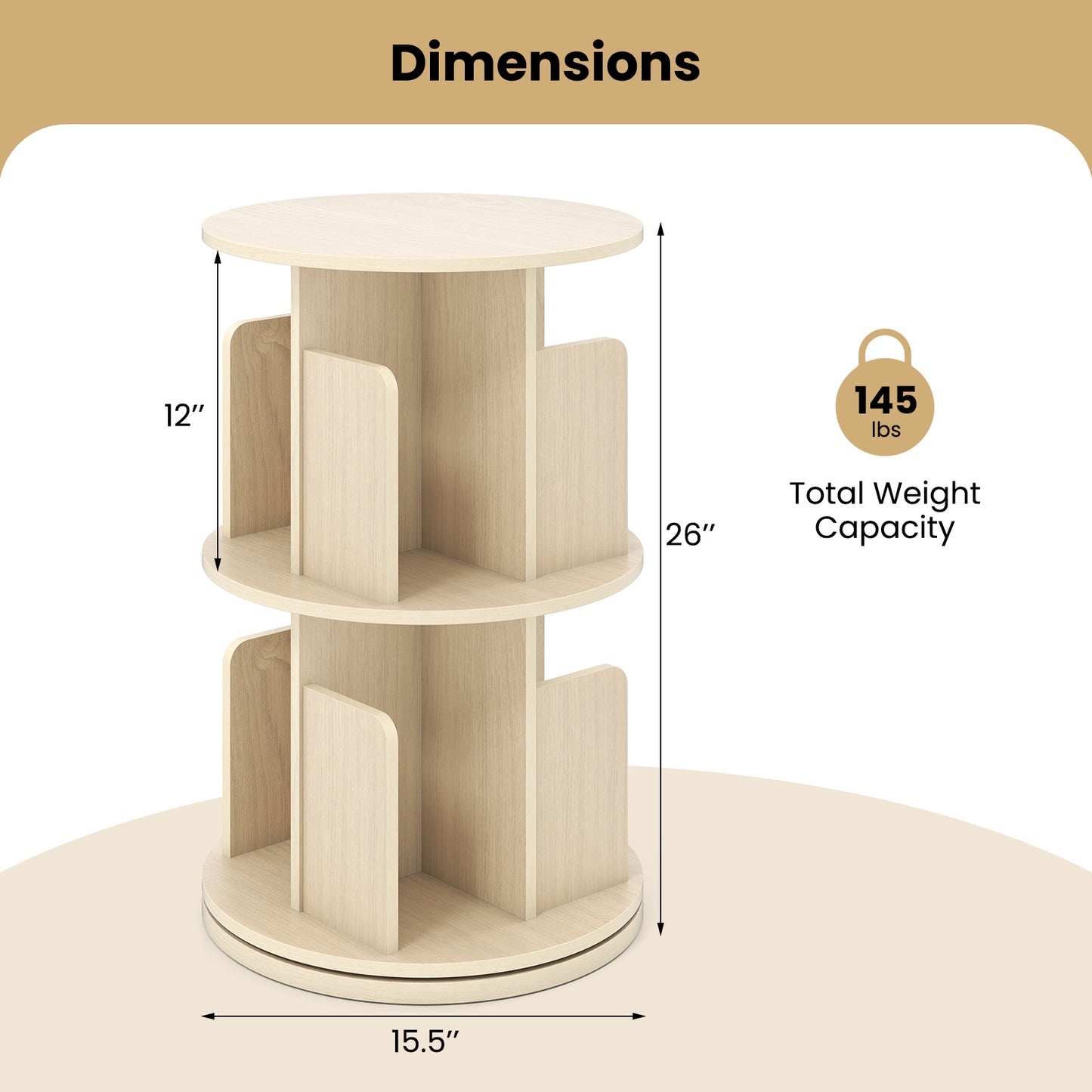 2-Tier Rotating Bookshelf With Dividers, Natural Bookcases at Gallery Canada
