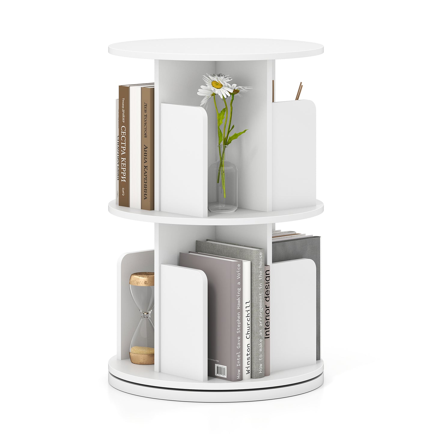 2-Tier Rotating Bookshelf With Dividers, White Bookcases at Gallery Canada