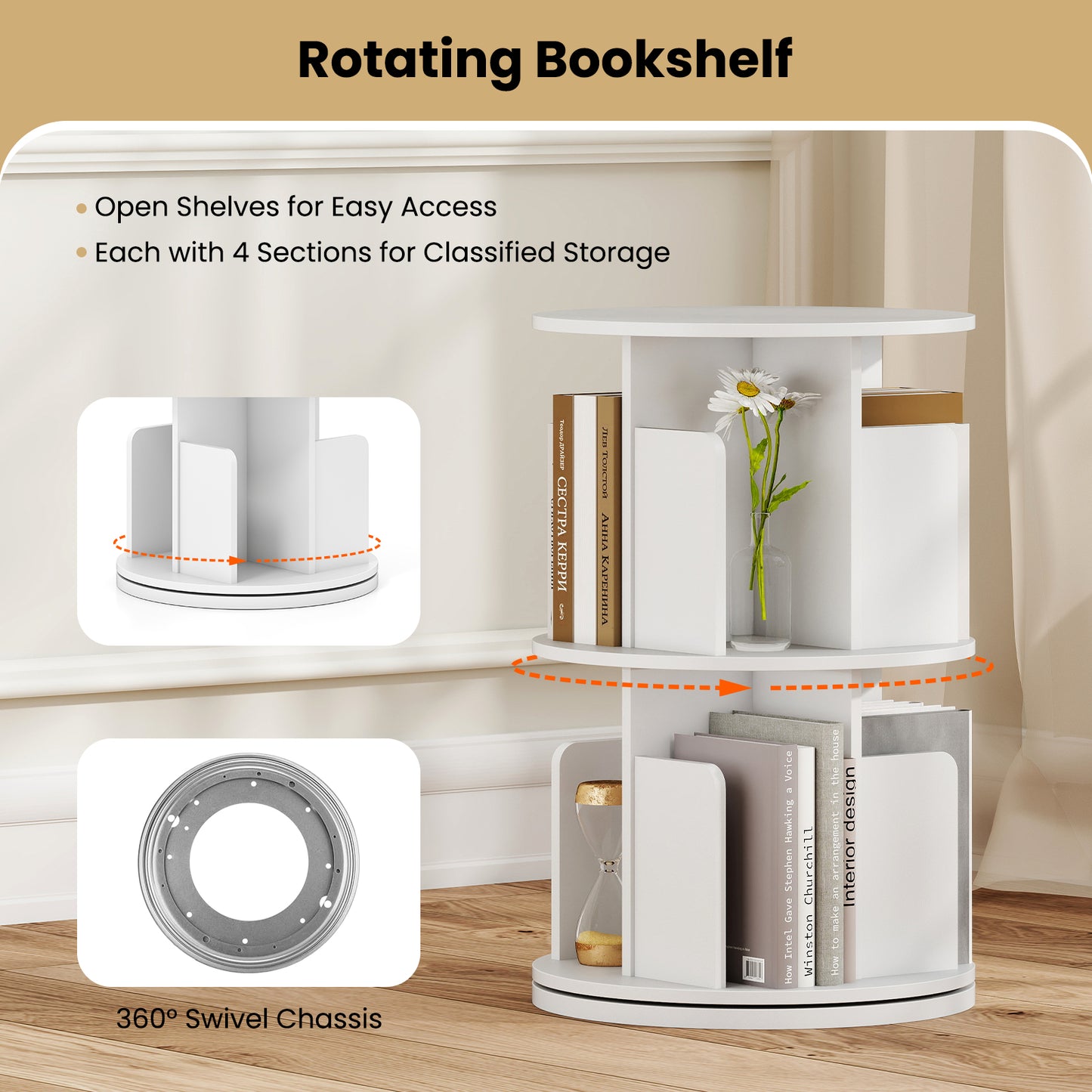 2-Tier Rotating Bookshelf With Dividers, White Bookcases at Gallery Canada