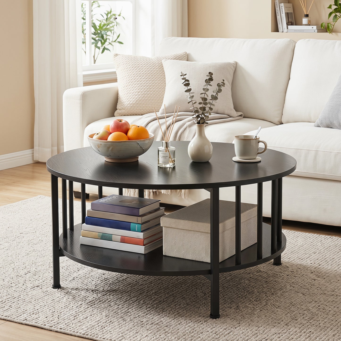 2-Tier Round Coffee Table with Storage Shelf and Metal Accents in Black Walnut, Black Coffee Tables at Gallery Canada
