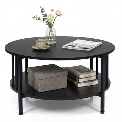 2-Tier Round Coffee Table with Storage Shelf and Metal Accents in Black Walnut, Black Coffee Tables at Gallery Canada