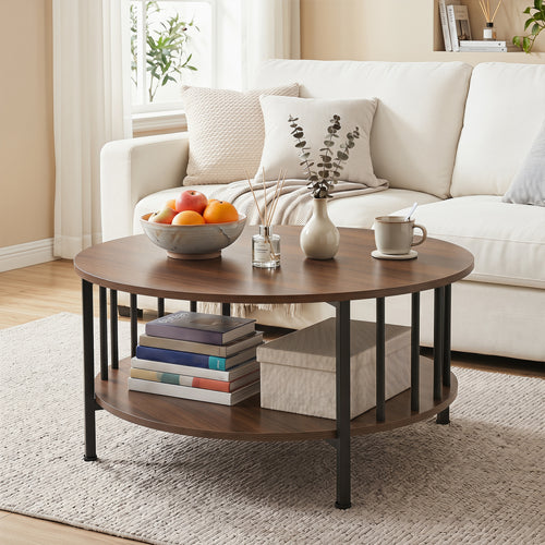 2-Tier Round Coffee Table with Storage Shelf and Metal Accents in Black Walnut, Walnut