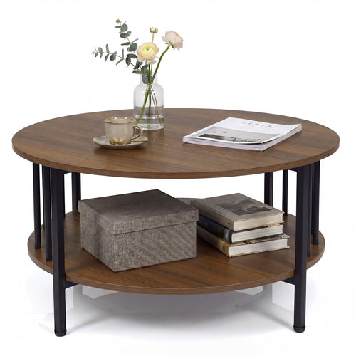 2-Tier Round Coffee Table with Storage Shelf and Metal Accents in Black Walnut, Walnut