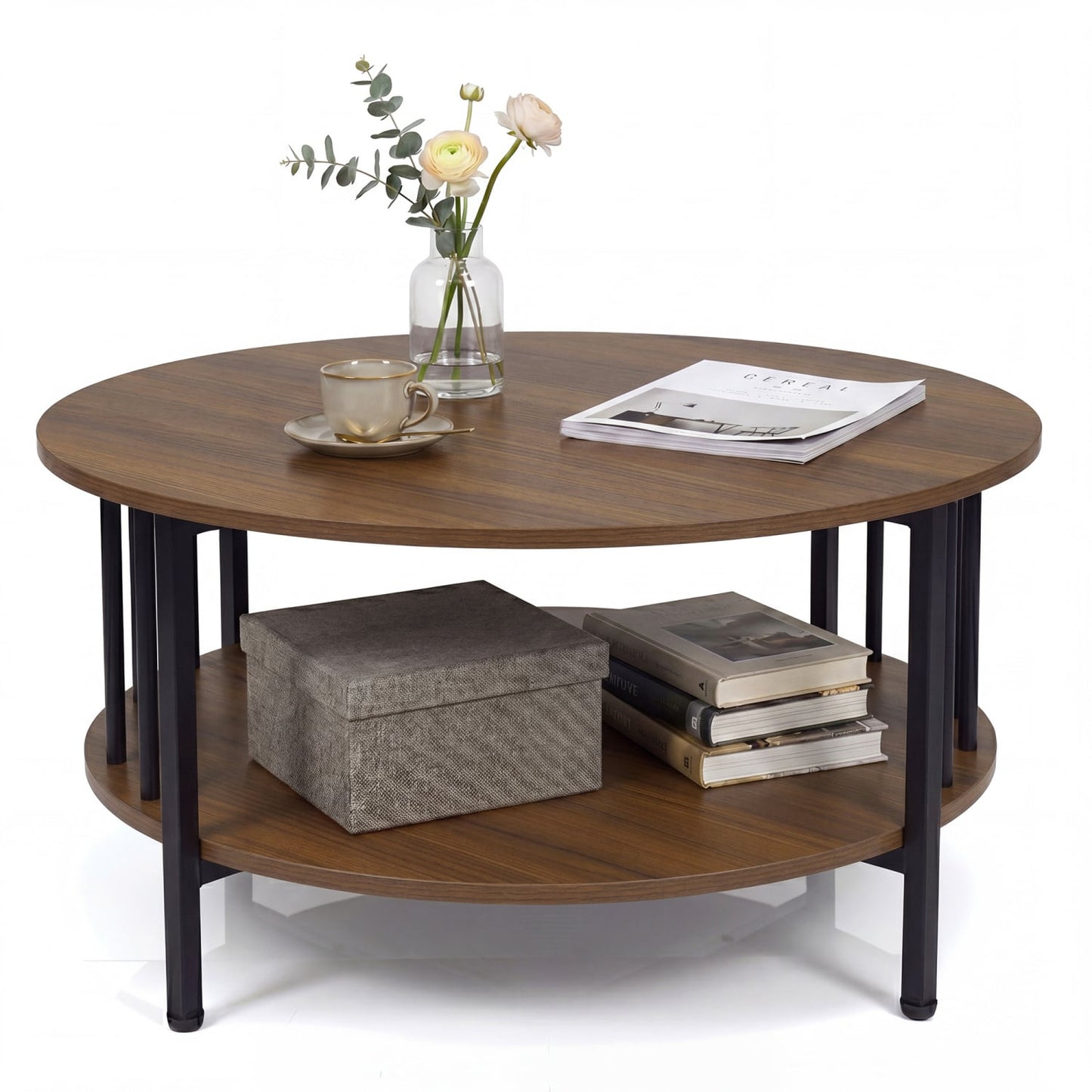 2-Tier Round Coffee Table with Storage Shelf and Metal Accents in Black Walnut, Walnut Coffee Tables at Gallery Canada