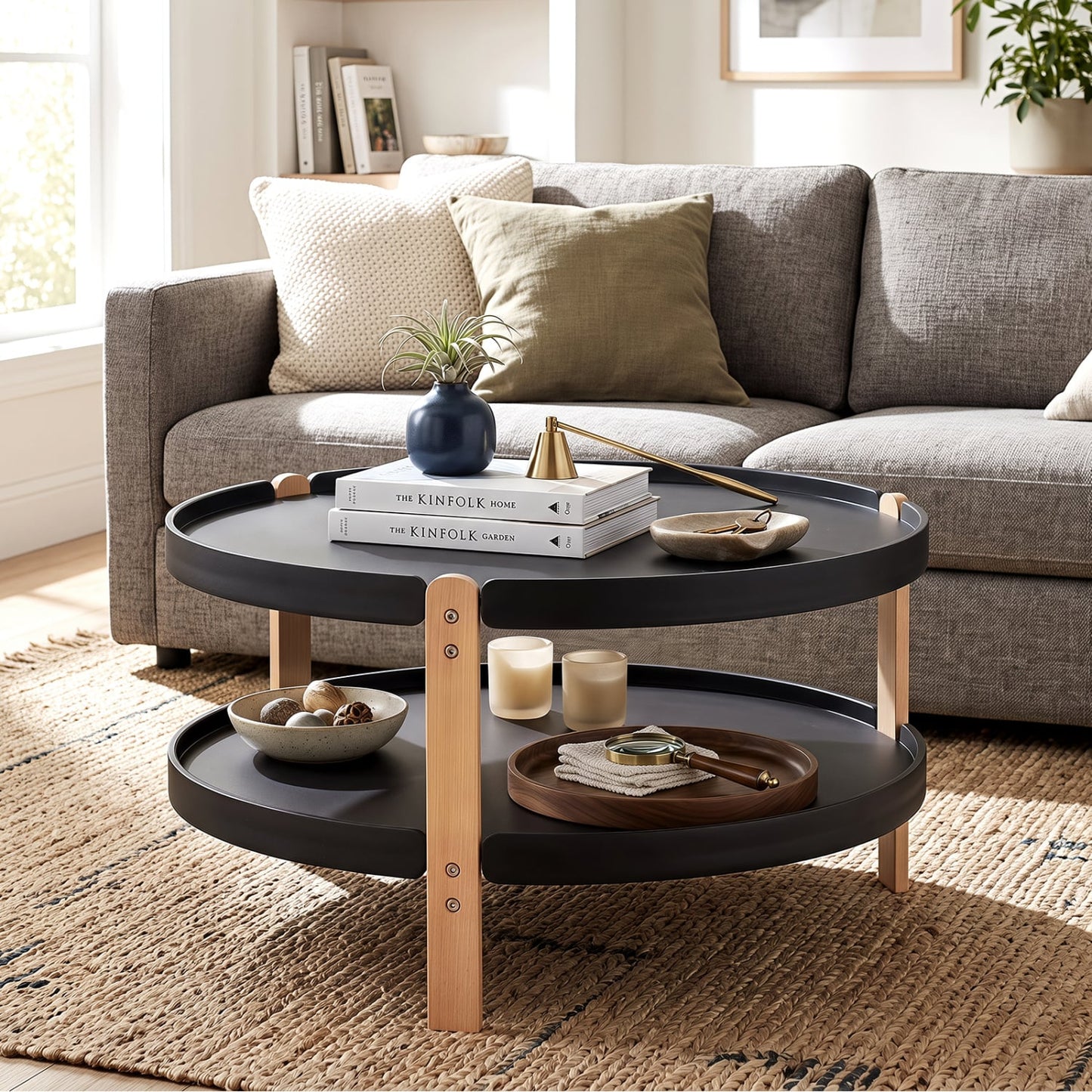 2-Tier Round Coffee Table, Open Shelf, Black Coffee Tables at Gallery Canada