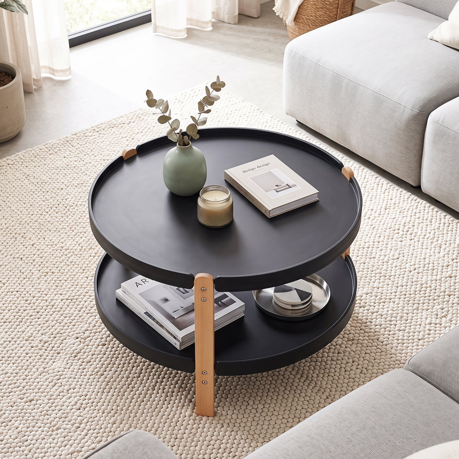 2-Tier Round Coffee Table, Open Shelf, Black Coffee Tables at Gallery Canada