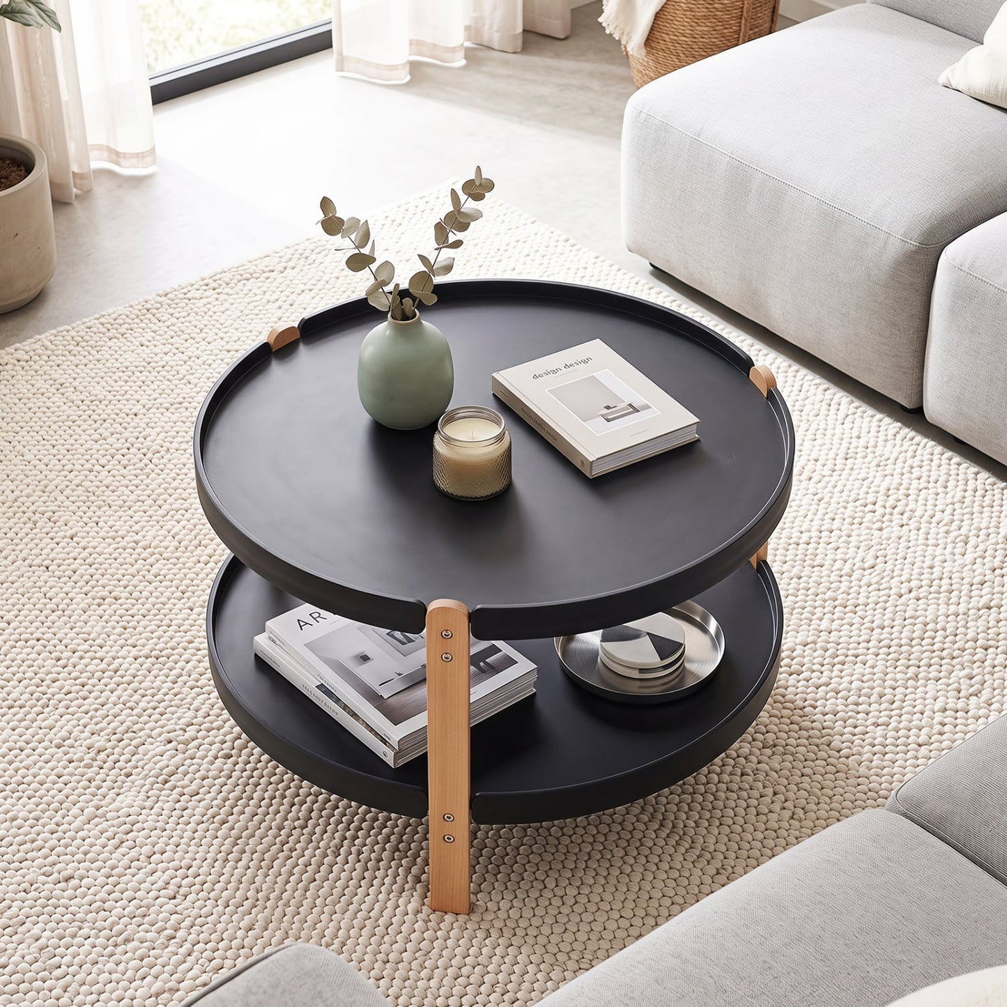 2-Tier Round Coffee Table, Open Shelf, Black Coffee Tables at Gallery Canada