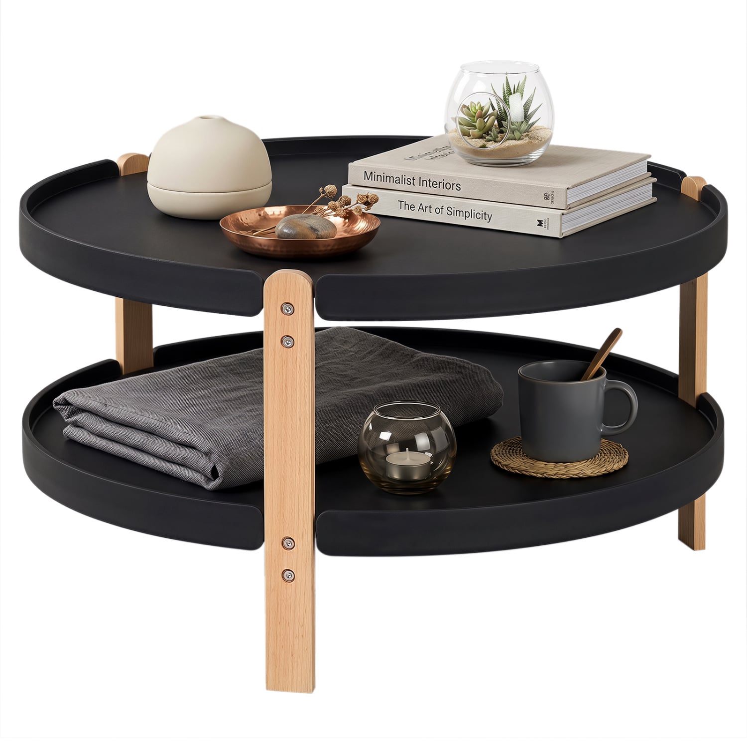 2-Tier Round Coffee Table, Open Shelf, Black Coffee Tables Black at Gallery Canada