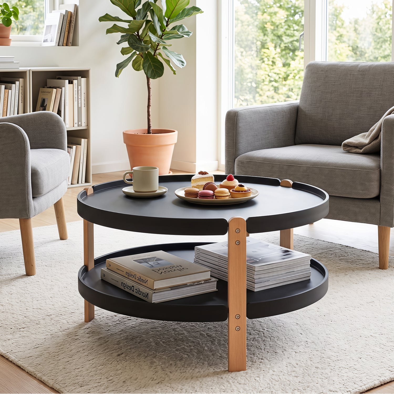 2-Tier Round Coffee Table, Open Shelf, Black Coffee Tables at Gallery Canada