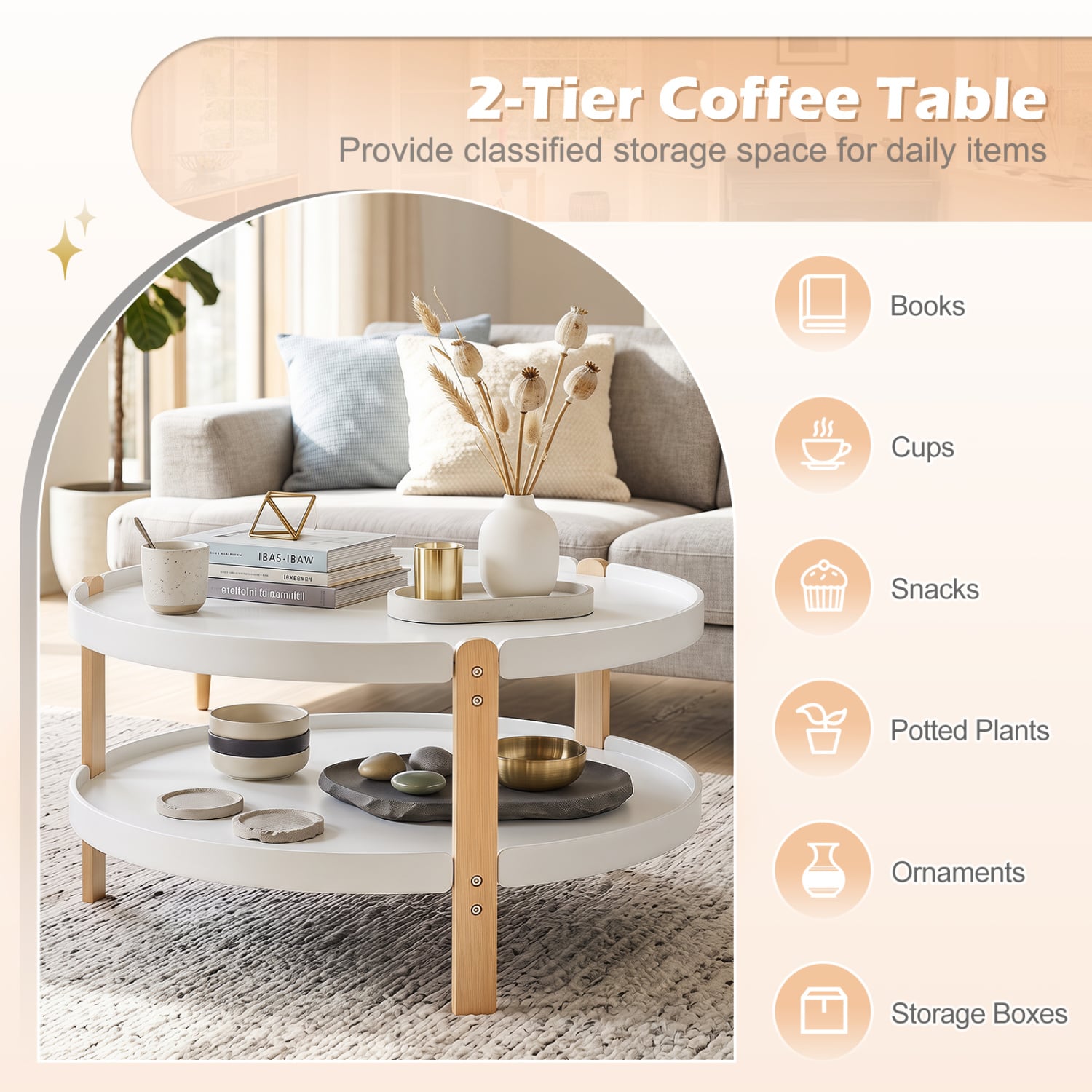 Round Coffee Table, 2-Tier, White Coffee Tables at Gallery Canada