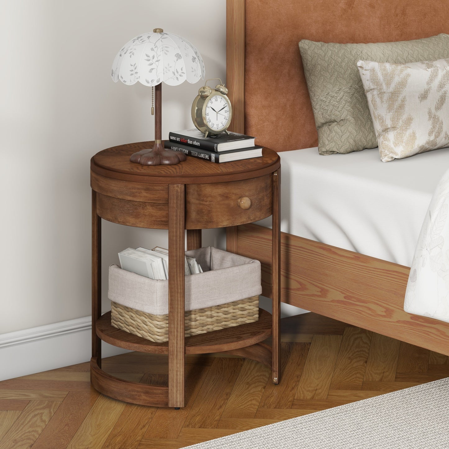 2-Tier Round End Table, Mid Century Modern Nightstand, Drawer And Shelf, Brown End & Side Tables at Gallery Canada