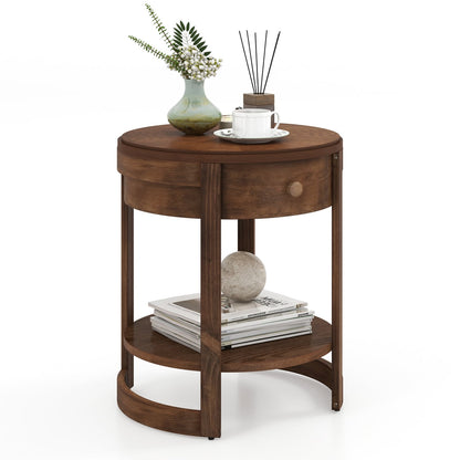 2-Tier Round End Table, Mid Century Modern Nightstand, Drawer And Shelf, Brown End & Side Tables at Gallery Canada