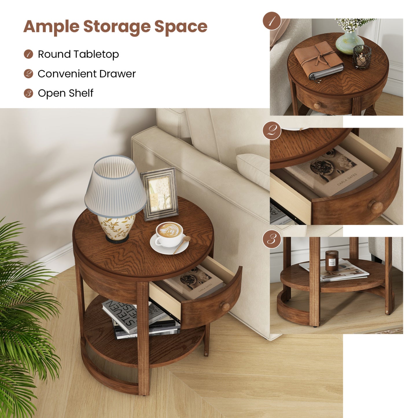 2-Tier Round End Table, Mid Century Modern Nightstand, Drawer And Shelf, Brown End & Side Tables at Gallery Canada
