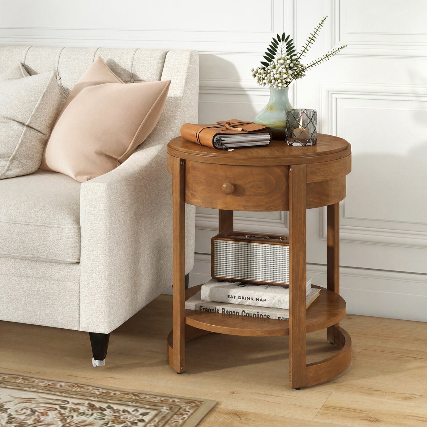 2-Tier Round End Table Mid Century Modern Nightstand Set of 2, Oak End & Side Tables at Gallery Canada