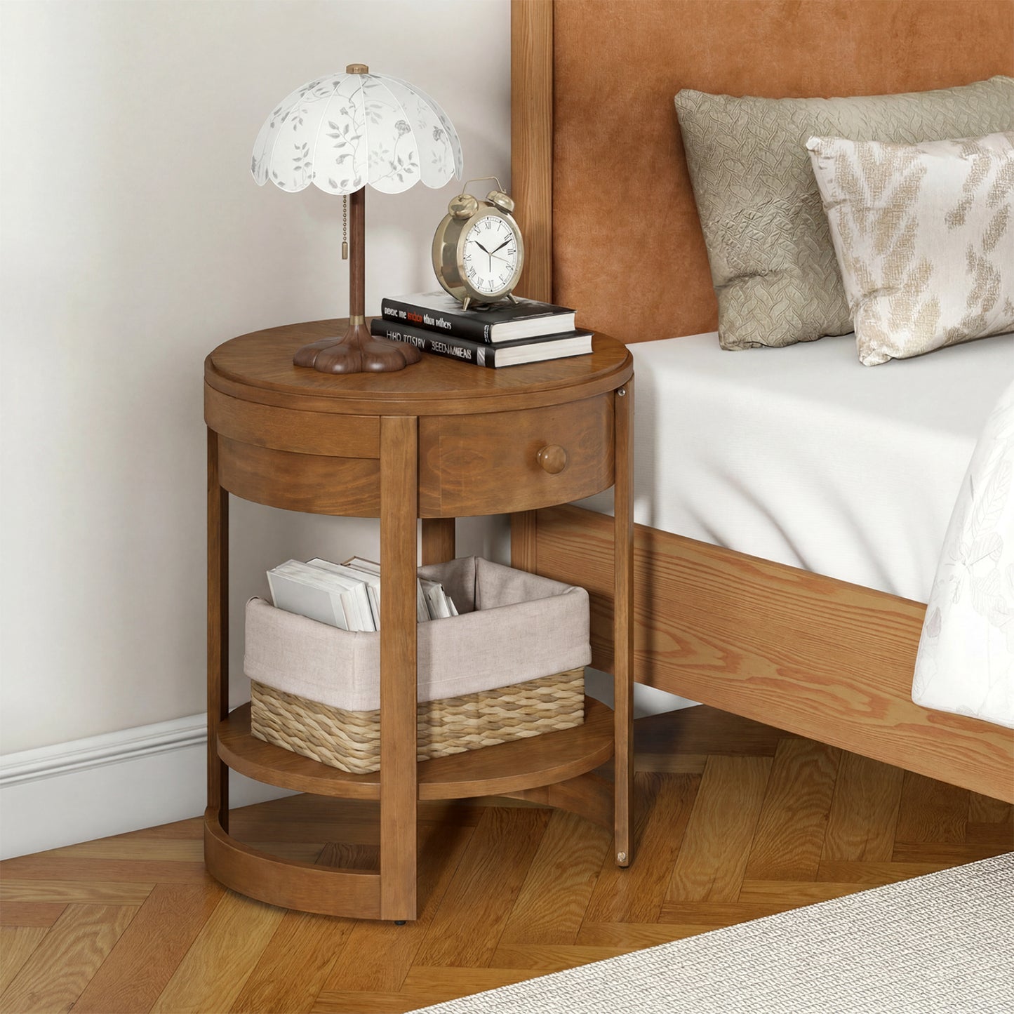 2-Tier Round End Table Mid Century Modern Nightstand Set of 2, Oak End & Side Tables at Gallery Canada