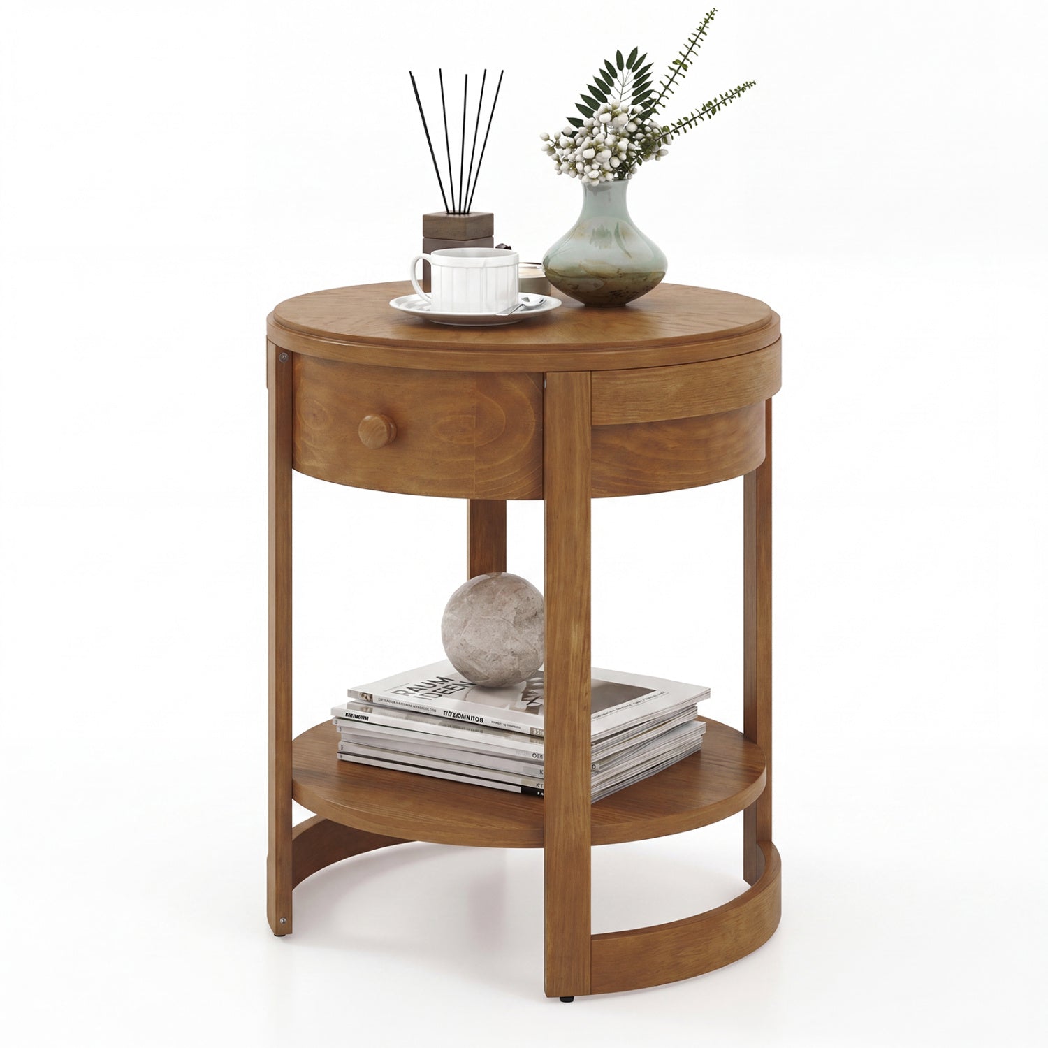 2-Tier Round End Table Mid Century Modern Nightstand, Oak End & Side Tables at Gallery Canada
