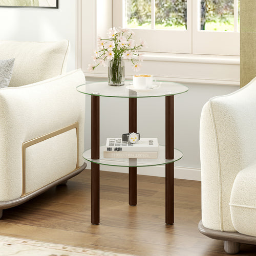 2-Tier Round End Table, Clear Glass Top & Shelf, Brown
