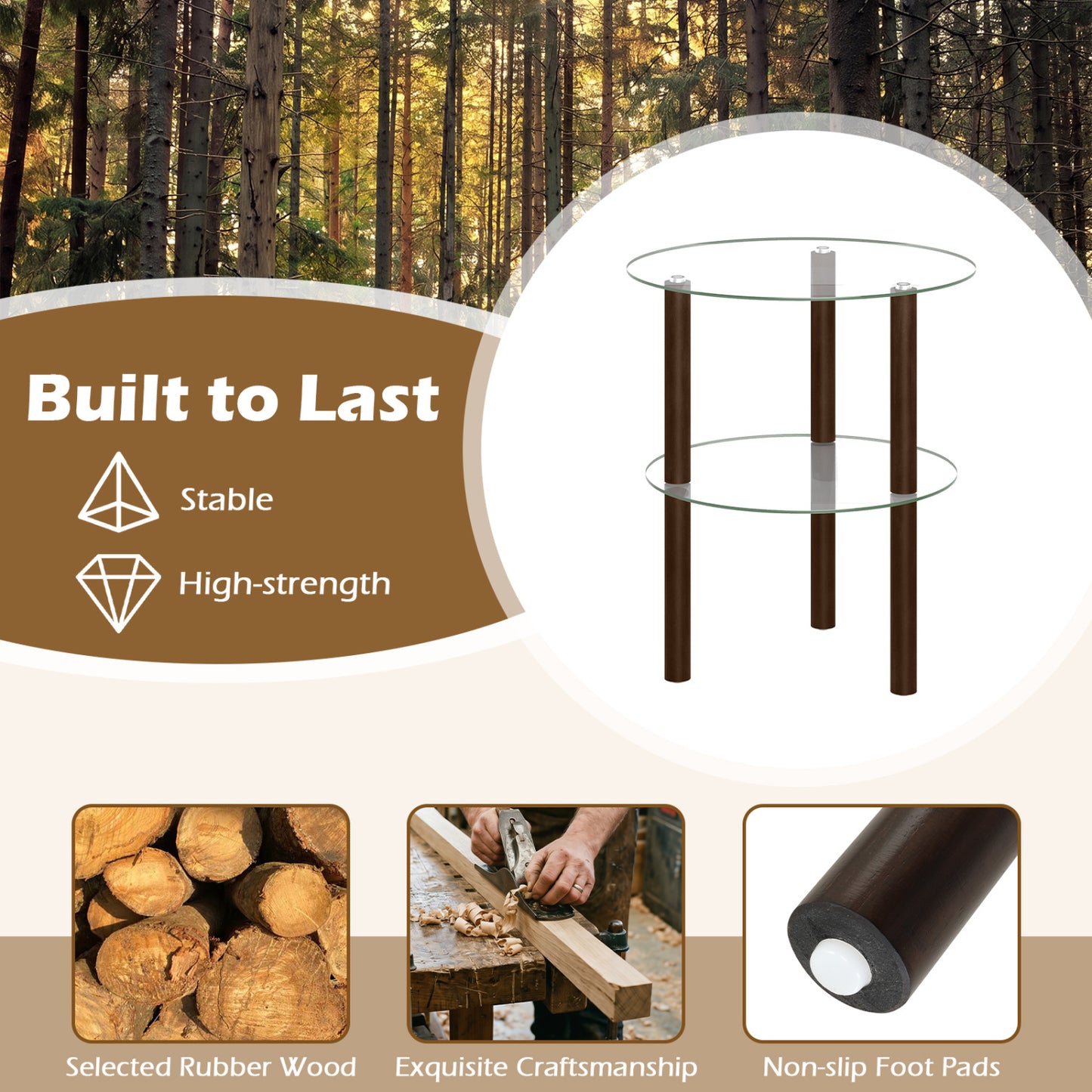 2-Tier Round End Table, Clear Glass Top & Shelf, Brown End & Side Tables at Gallery Canada